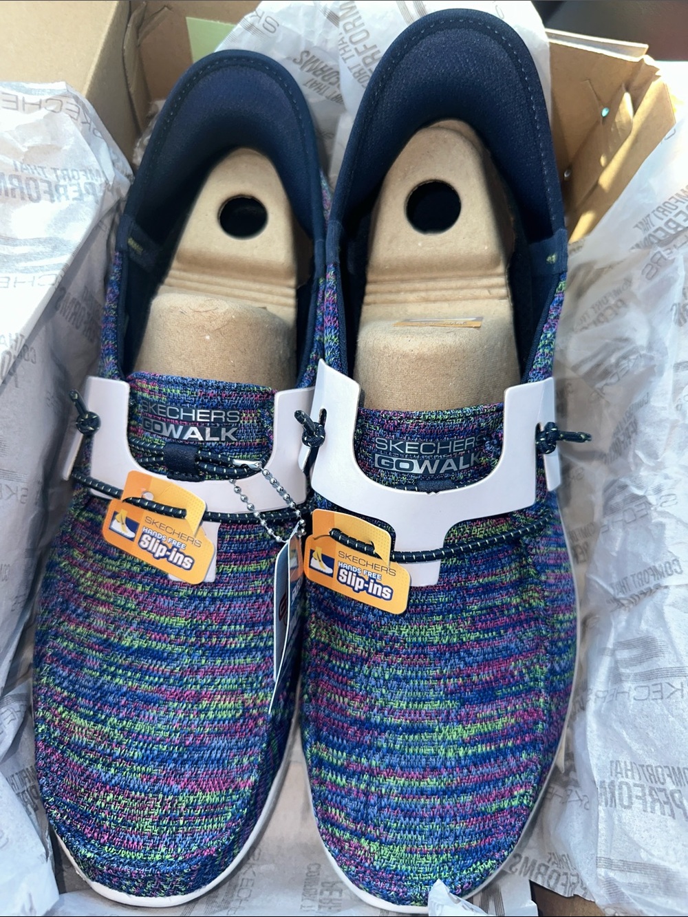 Skechers GOwalk women’s 10.5 med 
 Slip-On Knit Sneakers in Blue-Multi